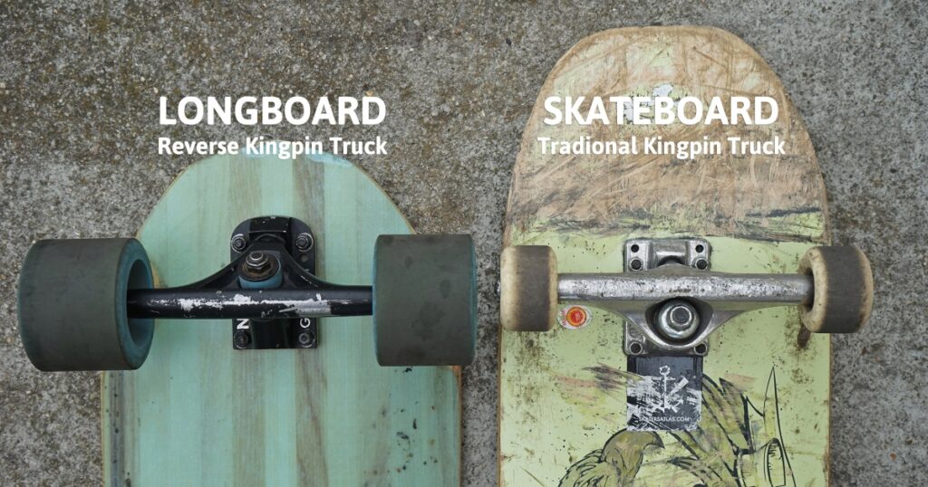 longboard and skateboard side by side showing the difference in trucks