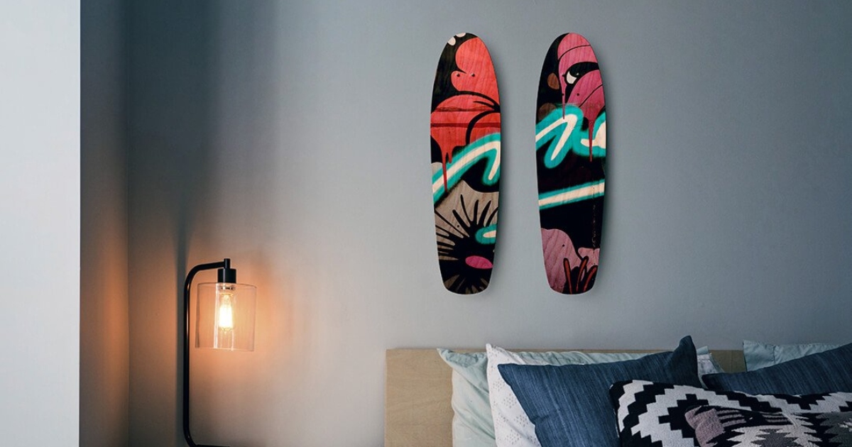 Skateboards mounted onto a bedroom wall
